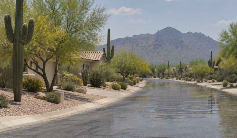 An empty residential street in a Sonoran desert suburb on a summer afternoon, heat shimmering off the asphalt.