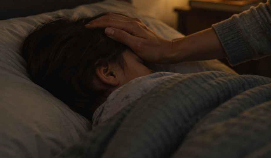 An adult's hand resting gently on a sleeping child's forehead in a dim bedroom.