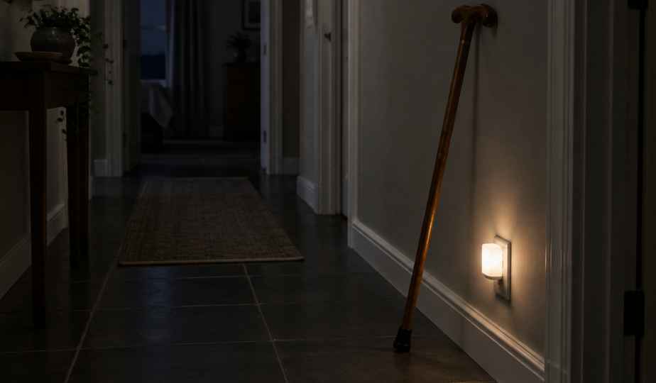 A dark tiled hallway at night, a walking stick leaning against the wall and a small nightlight glowing near the floor.